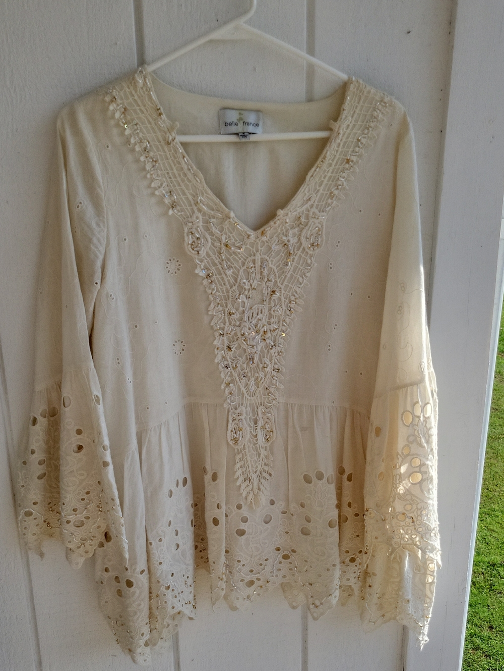 Belle France Cream Embroidered V-Neck Tunic Made In Italy
